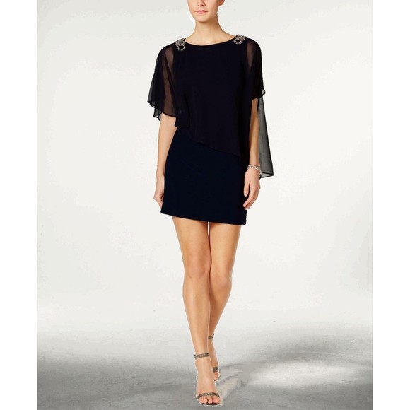 Xscape Womens Black Embellished Chiffon Cape Overlay Cocktail Party Dress 4 - Picture 1 of 4